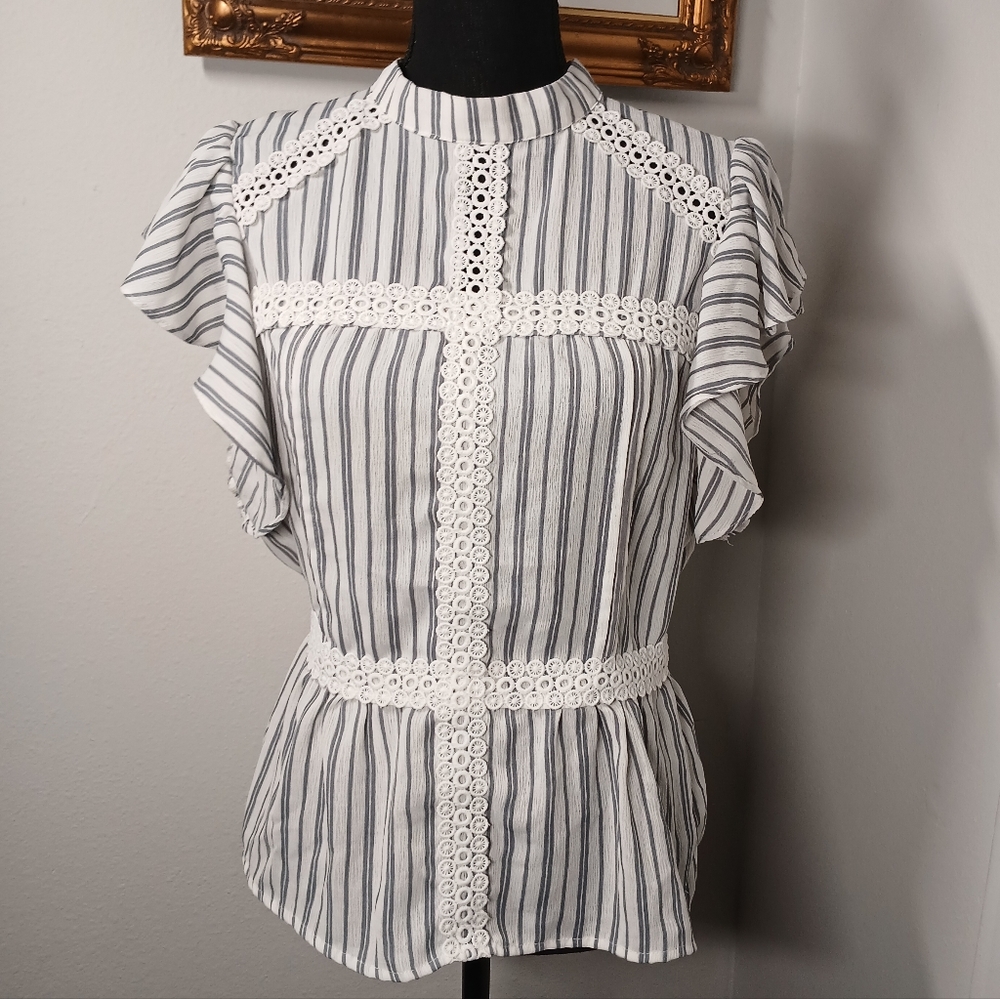 Striped Peplum Ruffle Sleeve Top
